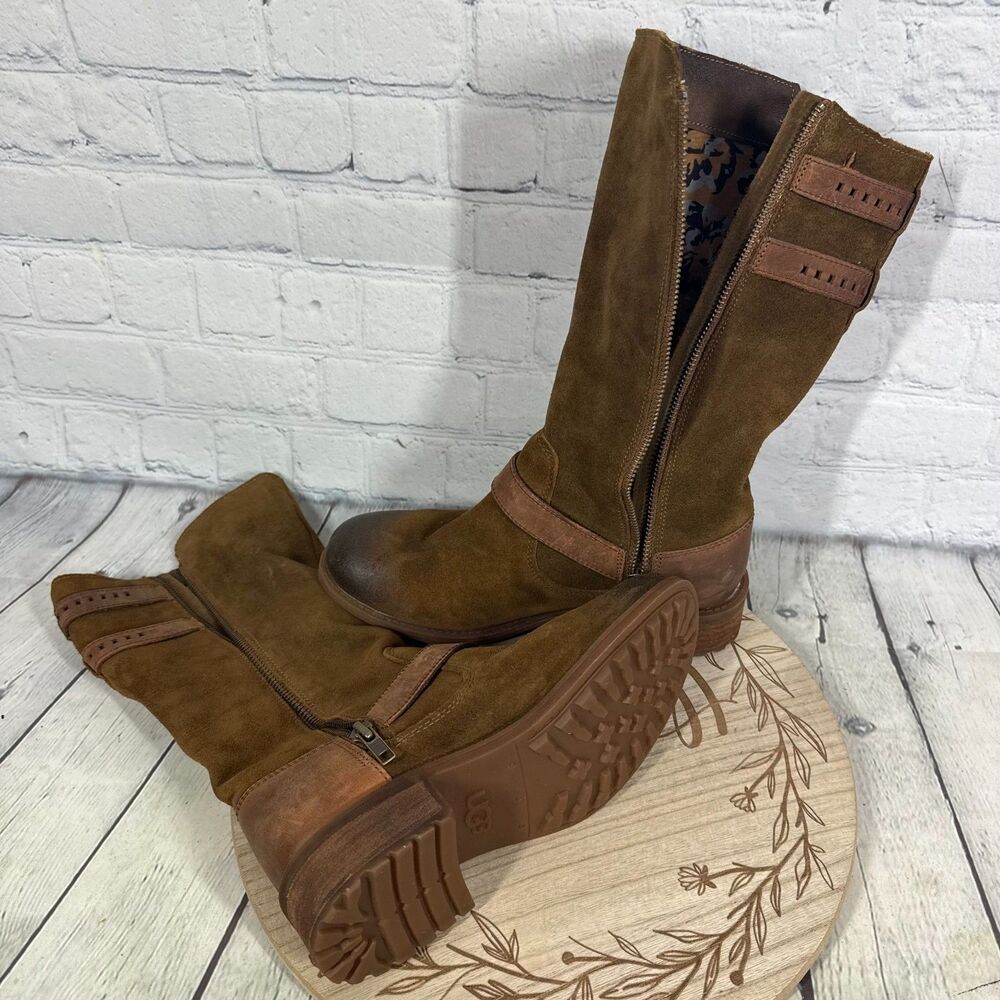 Ugg Australia Tall Boots Size 7.5 Everglade Leather Suede Buckle Distressed - Picture 5 of 12